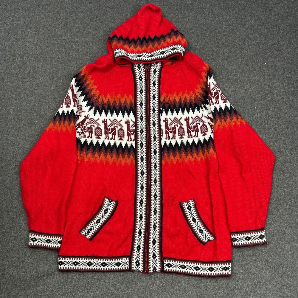 Red Alpaca Llama Fair Isle Hooded Zip Sweater Jacket Southwestern Boho Knit